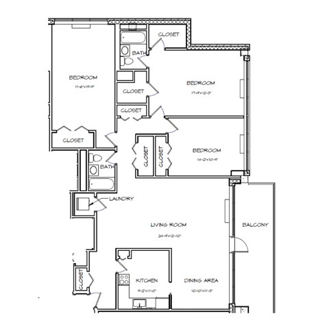 Floor plan for 3 beds, 2 baths, 1555 sqft